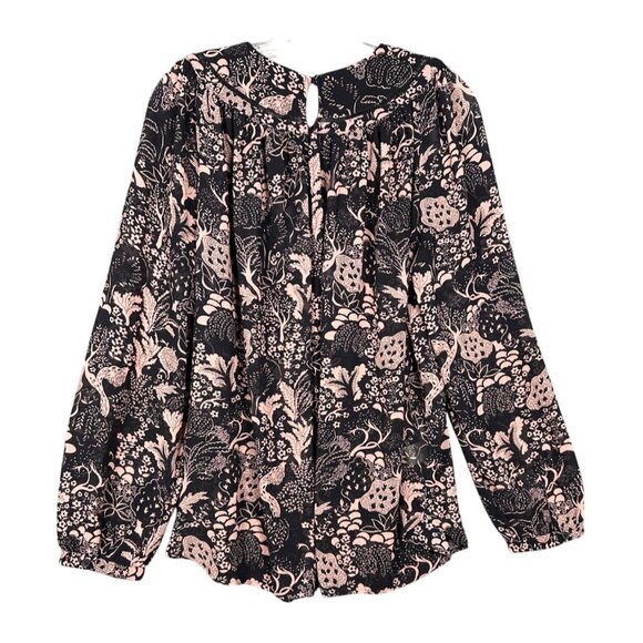 Ann Taylor Womens Black Pink Floral Blouse Large Long Sleeve Boho Peasant - Picture 5 of 11